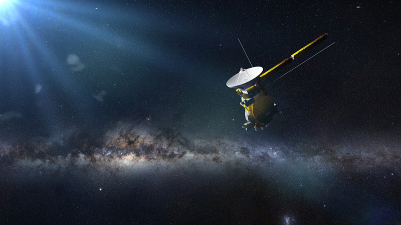 nave espacial Cassini frente a la galaxia Vía Láctea (ilustración 3d, los elementos de esta imagen fueron proporcionados por la NASA)
