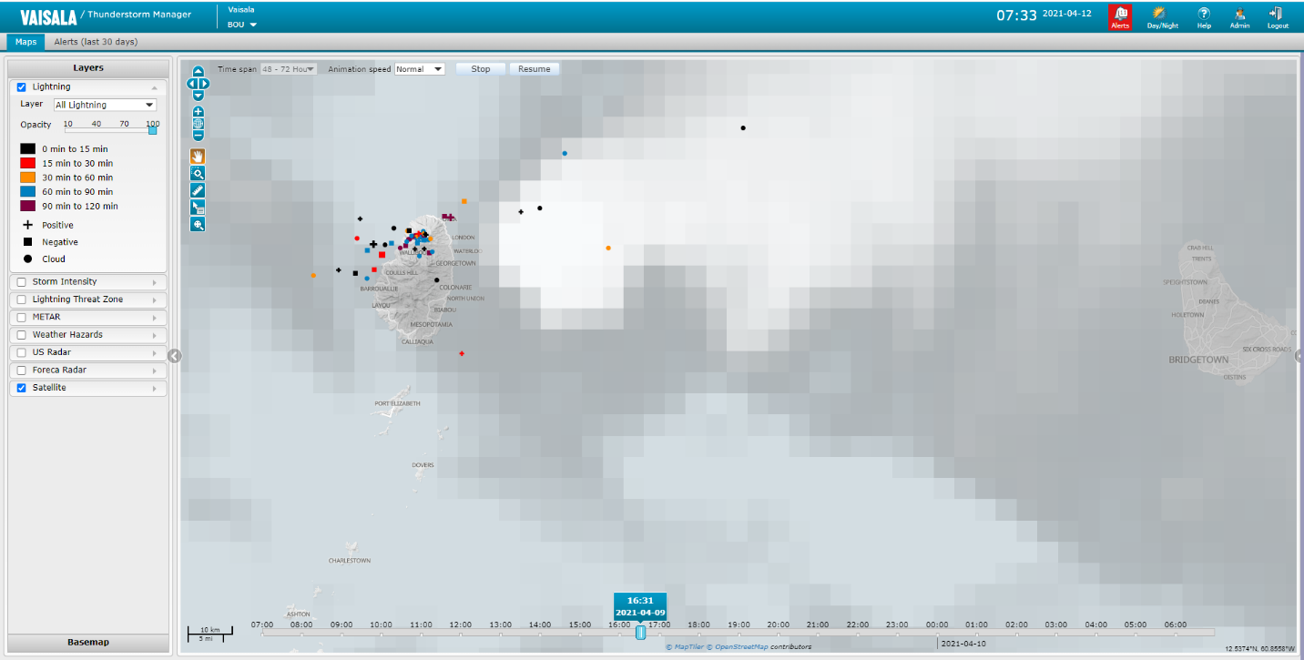 GLD360 lightning detections and satellite data from one of the La Soufrière explosions on April 9.