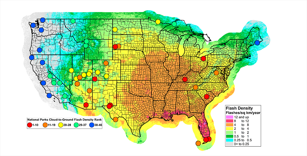 Figure 1: Cloud-to-ground flash density on a 2-km grid from the NLDN for 1999 - 2018 overlaid with the ranking (colored circles) according to cloud-to-ground flash density of the 46 continental United States national parks larger than 100 km2. 