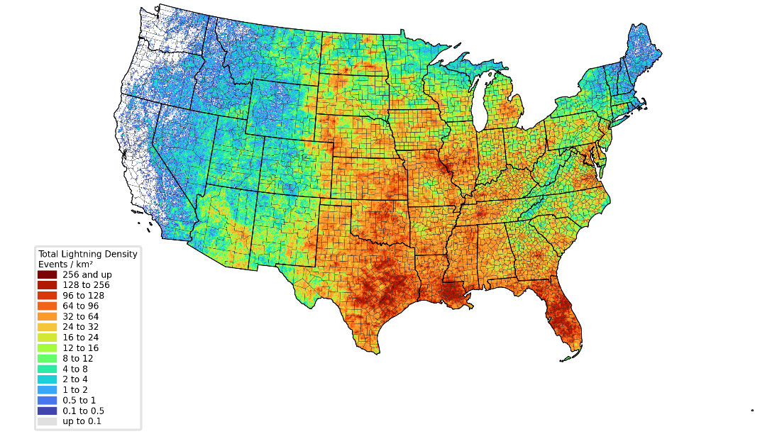 2021 total lightning density in continental United States