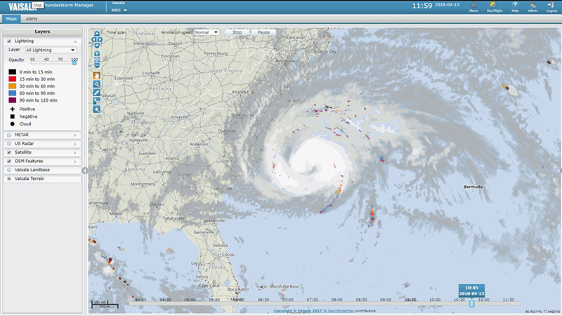 Florence lightning and satellite last 8 hours 180913 midday
