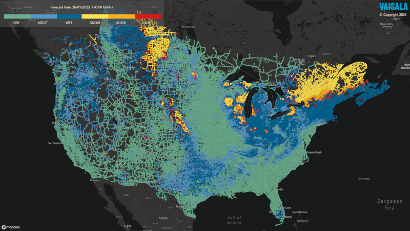 Map showing road surface conditions – dry, moist, wet, snow, slush, or ice – across North America 