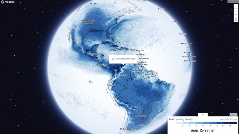 3D map of Earth showing North and South America with shades of dark blue indicating areas where lightning density is highest.