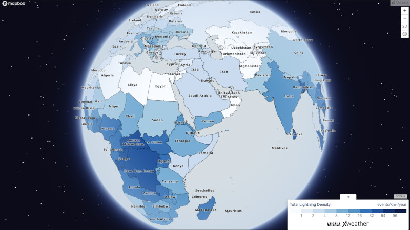 3D map of Earth showing Africa and parts of Europe and Asia with shades of blue indicating the average yearly lightning density in each country.