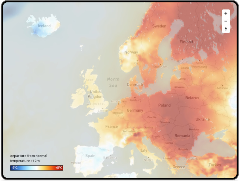Map showing European temperature anomalies for January 2023