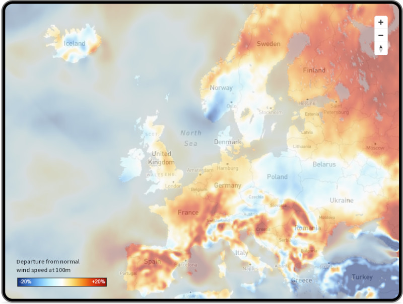 Map showing European wind speed anomalies for January 2023