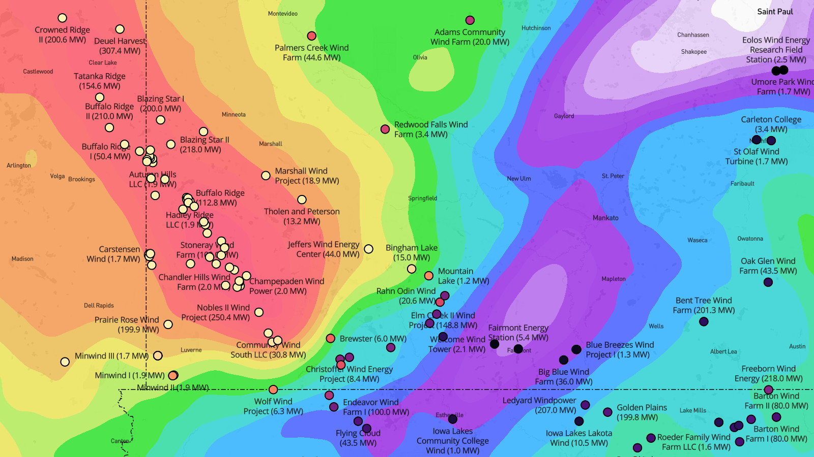 Map visualization of wind speed and wind farms