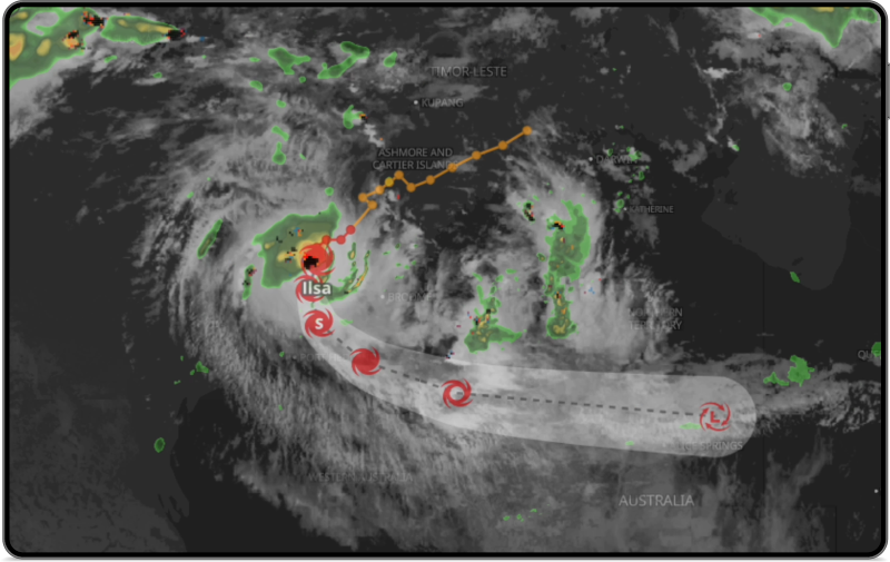 Thunderstorm Manager screenshot showing the track and projected path of tropical cyclone Ilsa on April 12, 2023