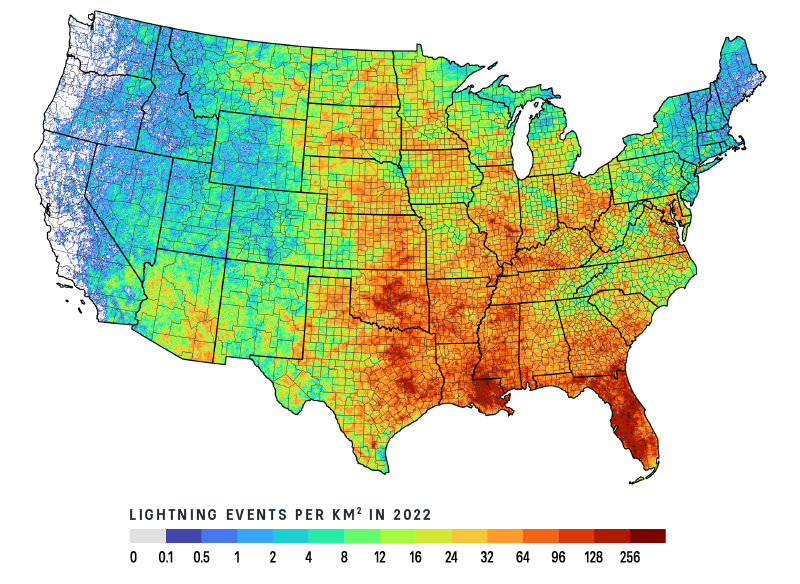 Map showing lightning density in the U.S. in 2022