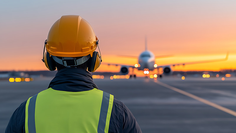 Airport ground crew directs aircraft at sunset wearing a safety vest and hardhat.