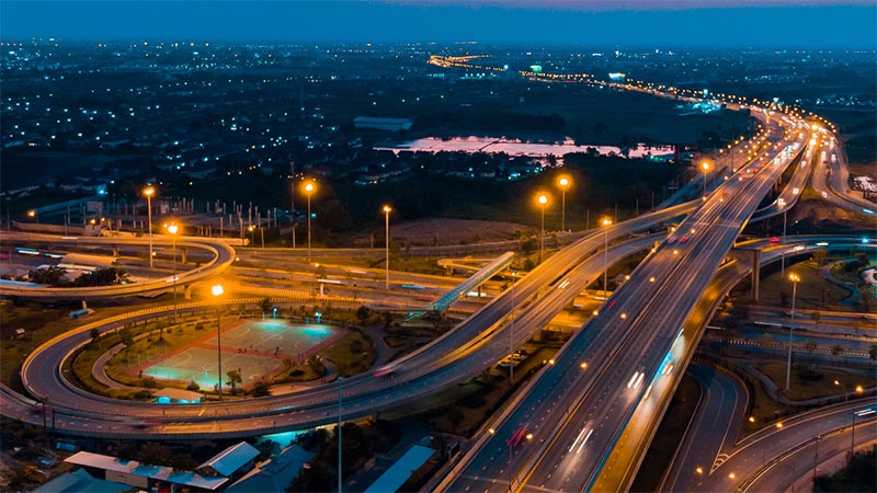 Highway intersection at night