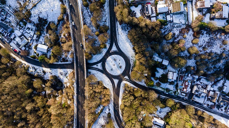 Aerial view of roundabout in winter
