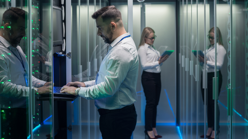 Workers in a modern data center