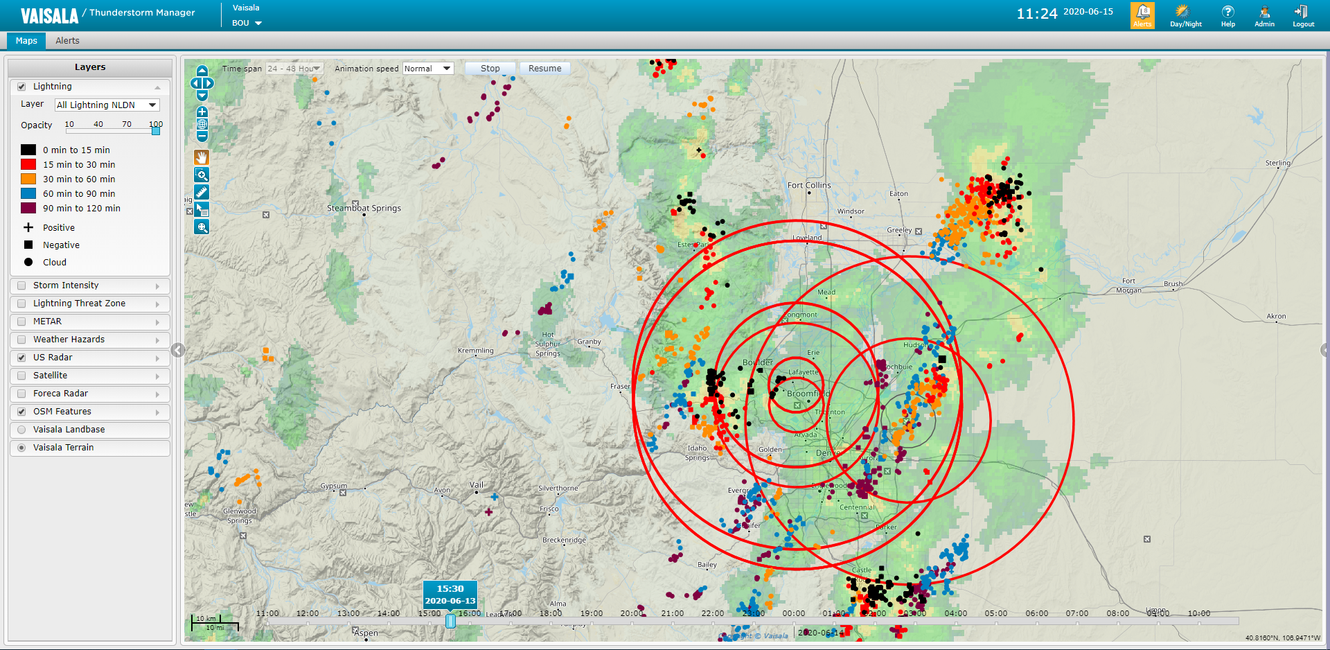 Thunderstorm Manager showing multiple alerts for facilities near Denver, Colorado