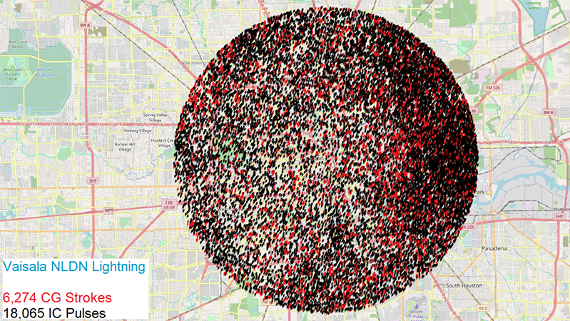 Map showing the locations of all 24,339 NLDN-detected lightning events within eight miles of Minute Maid Park in Houston, Texas, during Houston Astros baseball games from 2016 – 2019
