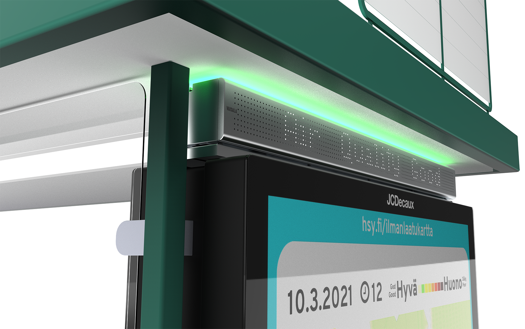 Illustration of a bus stop with air quality display.