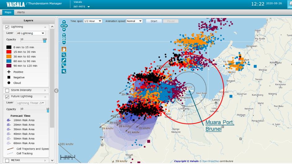 Vaisala’s Thunderstorm Manager software application visualizing a set of thunderstorms near Muara Port, Brunei in August 2020, showing lightning activity, proximity alerts, and lightning forecast information. 
