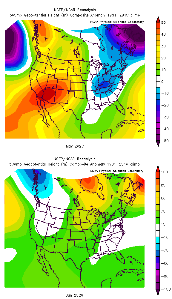 Figure 3: 500mb height anomaly maps for May (top) and June (bottom) 2020.