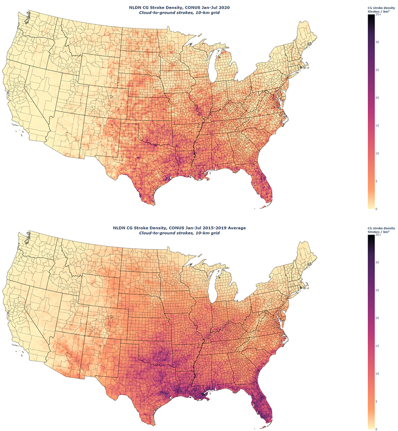 Figure 5: Map showing the cloud-to-ground stroke density for January-July 2020 (top) compared to the 2015-2019 average January-July cloud-to-ground stroke density.