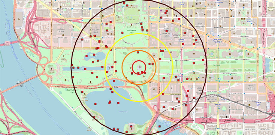 Map showing CG flashes within 1 kilometer of the Washington Monument