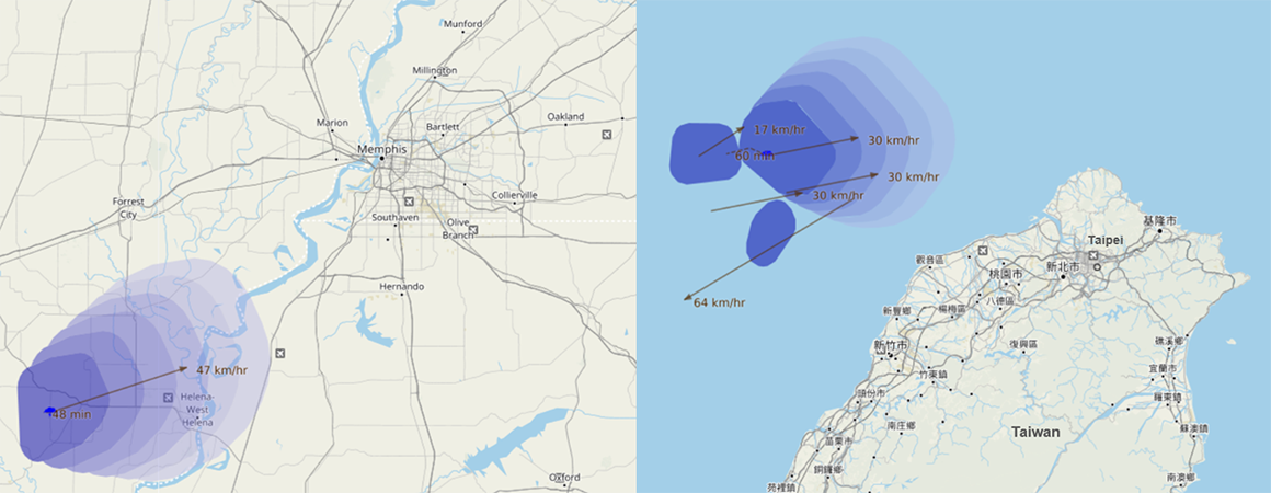 Example of Lightning Threat Zone (LTZ) output from thunderstorms near Memphis, Tennessee (left) and Taipei, Taiwan (right) in September 2020