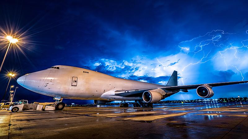 Airplane at the stormy airport
