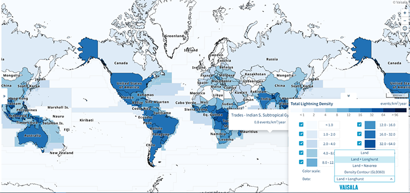 The Interactive Lightning Map offers three ways to view lightning data over the world’s oceans.