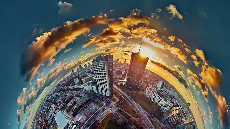 Aerial fisheye view of a city