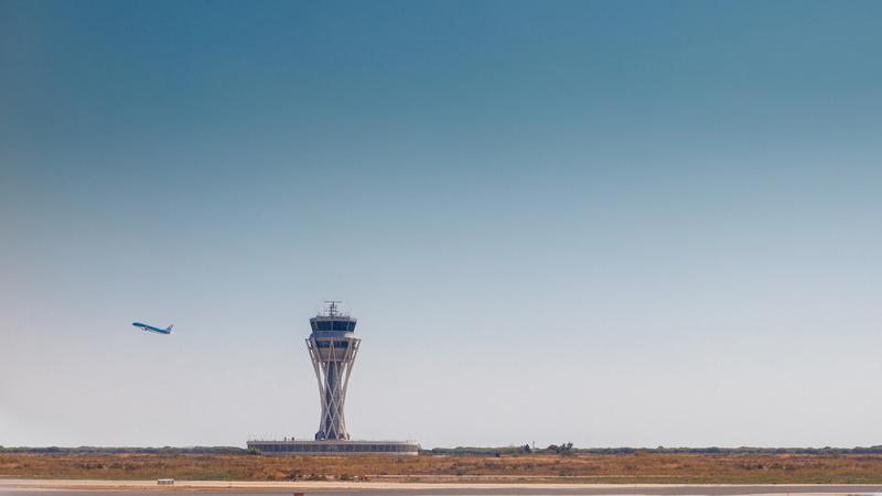 Plane taking off at El Prat airport in Barcelona, Spain