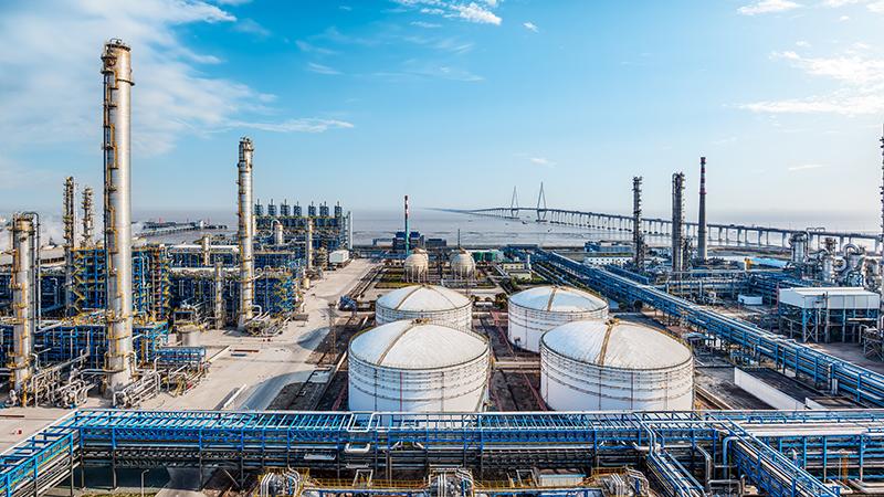 Petrochemical plant industrial equipment by the sea