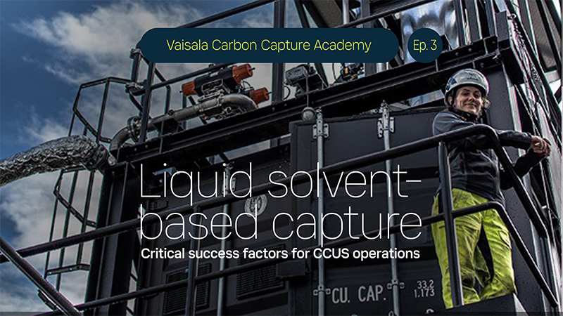 Carbon Capture Academy ep. 3, Liquid solvent-based capture. Equipment at the background, engineer standing in front of equipment.