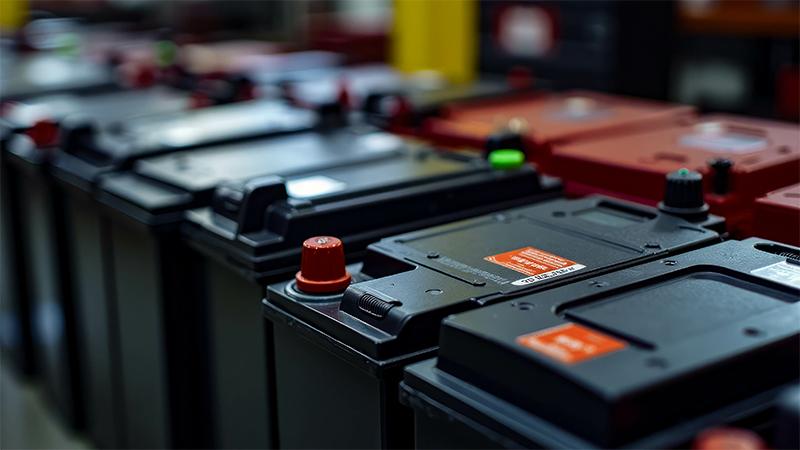 A long row of car batteries