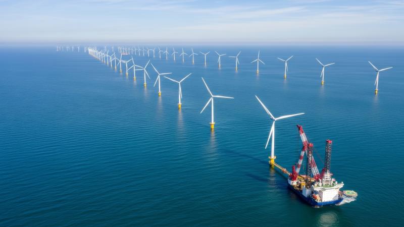 Offshore wind farm construction with installation vessel.