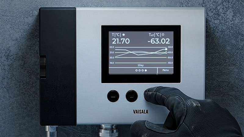 DMP370 with PPE-gloved hand pressing a button