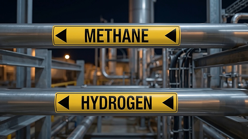 Pipelines in a factory labelled methane and hydrogen