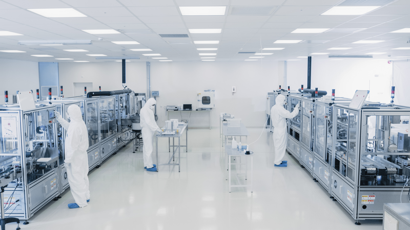 Cleanroom with scientists working.
