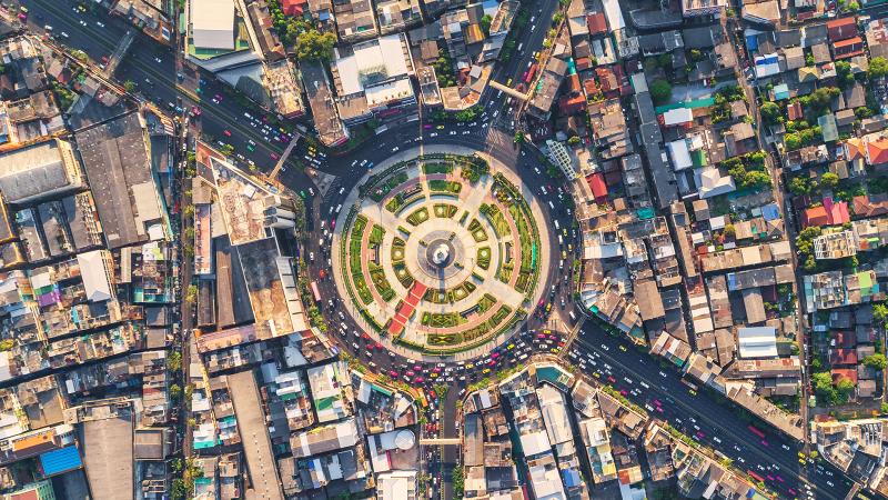 City and crossroads from upward