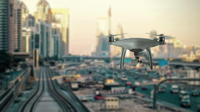 Drone flying in a city