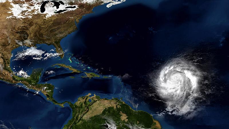 Extremely detailed and realistic high resolution 3D illustration of a hurricane approaching the eastern Carribbean islands. Shot from space. Elements of this image are furnished by Nasa.