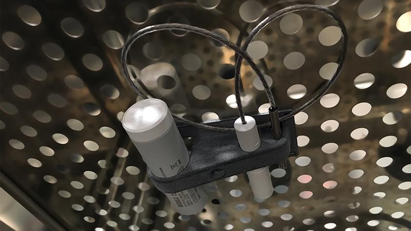 CO2, temperature and relative humidity probes mounted in an incubator