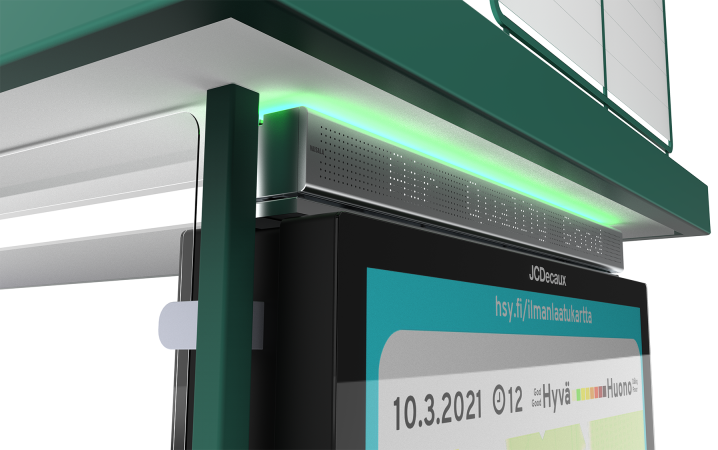 Illustration of a bus stop with air quality display.