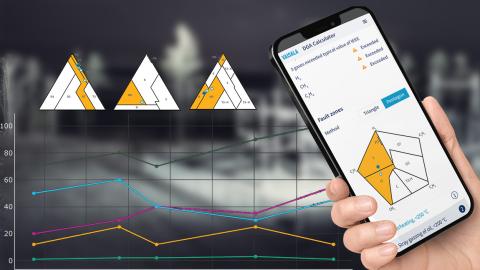 Calcolatore DGA Vaisala sul telefono in mano, con grafici e triangoli di Duval