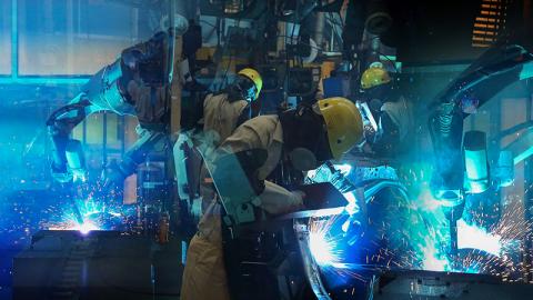 Welding robots in the automotive industry