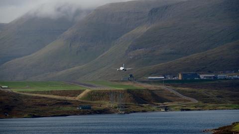 Plane landing in Vagar Airport in the Faroe Islands 