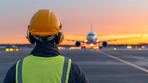 Airport ground crew directs aircraft at sunset wearing a safety vest and hardhat.