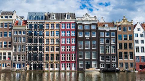 View of houses on the canal in Amsterdam.
