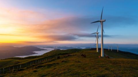 Wind farm at sunrise, Oiz, Spain.