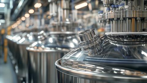 Stainless steel bioreactors in a modern biotech facility.
