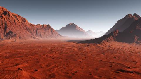 Illustration of planet Mars. Red surface and mountains.