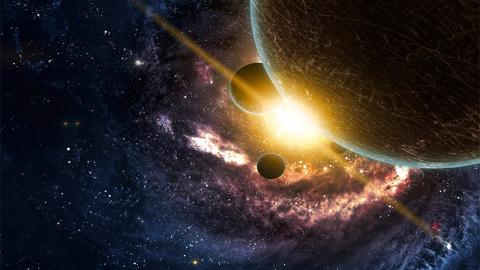 Planets over the nebulae in space